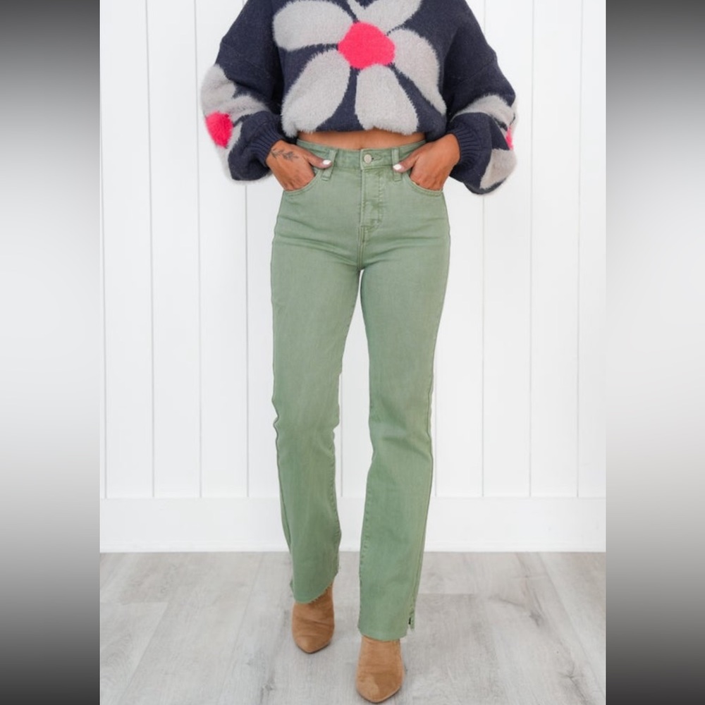 Risen High Rise Olive Tummy Control  Raw Hem with Side Slit Straight Leg Jeans